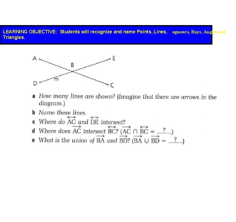 LEARNING OBJECTIVE: Students will recognize and name Points, Lines, Triangles. egments, Rays, Angles and