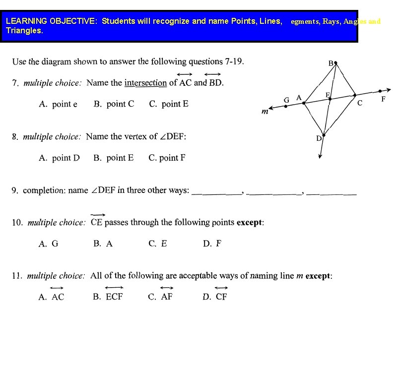 LEARNING OBJECTIVE: Students will recognize and name Points, Lines, Triangles. egments, Rays, Angles and