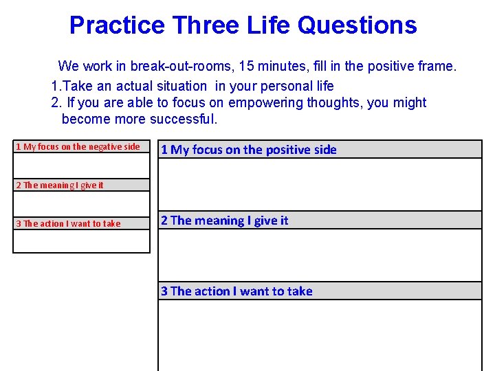 Practice Three Life Questions We work in break-out-rooms, 15 minutes, fill in the positive
