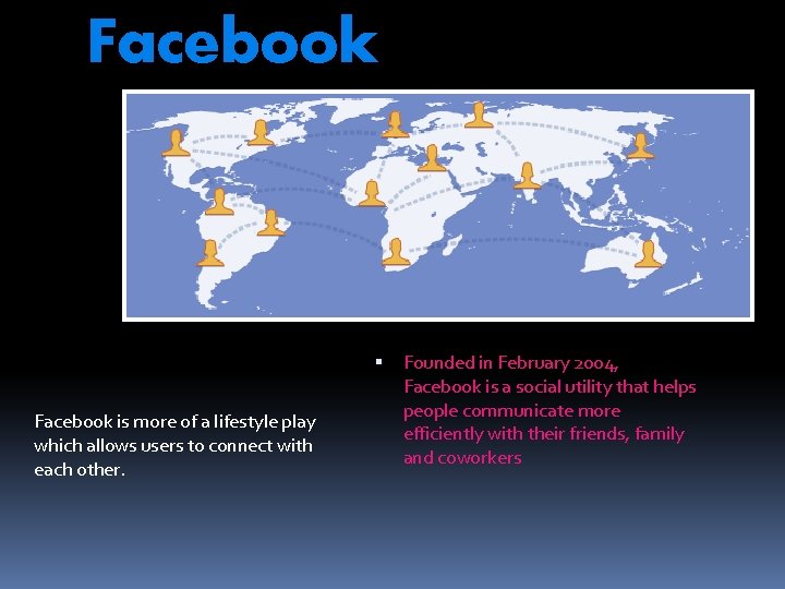 Facebook is more of a lifestyle play which allows users to connect with each