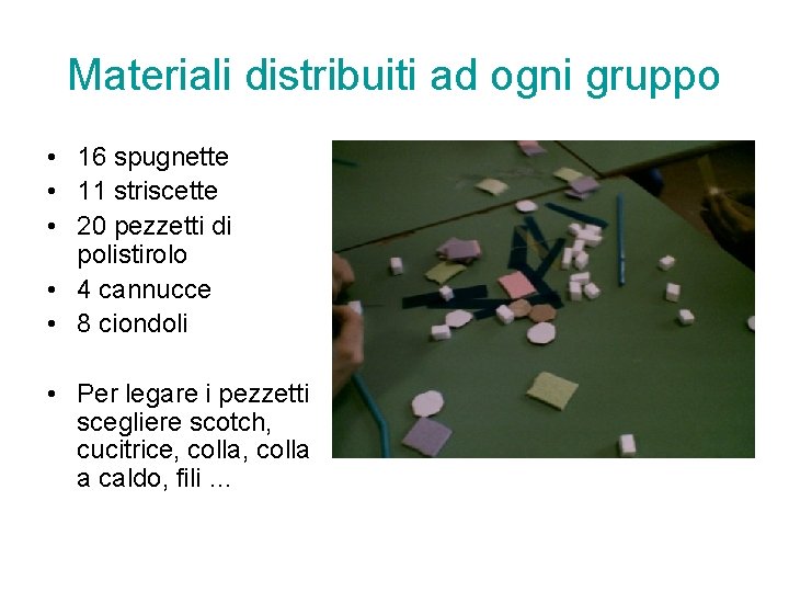 Materiali distribuiti ad ogni gruppo • 16 spugnette • 11 striscette • 20 pezzetti