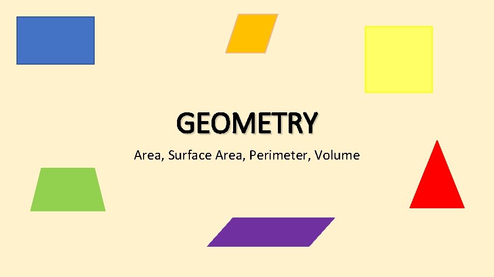 GEOMETRY Area, Surface Area, Perimeter, Volume 
