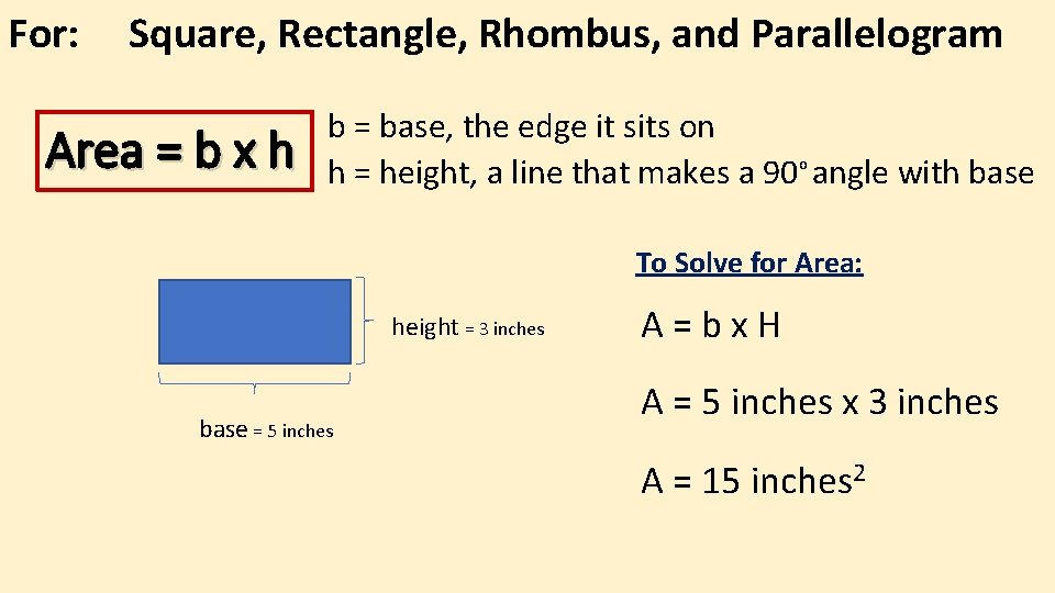 For: Square, Rectangle, Rhombus, and Parallelogram Area = b x h b = base,