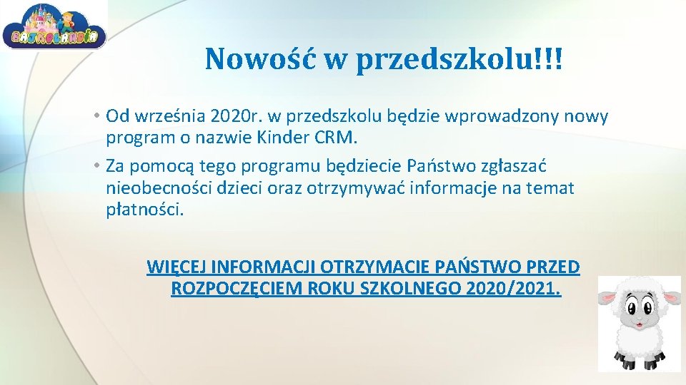 Nowość w przedszkolu!!! • Od września 2020 r. w przedszkolu będzie wprowadzony nowy program