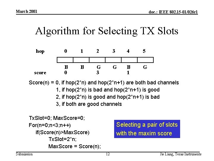 March 2001 doc. : IEEE 802. 15 -01/026 r 1 Algorithm for Selecting TX