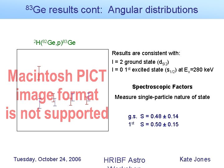 83 Ge results cont: Angular distributions 2 H(82 Ge, p)83 Ge Results are consistent