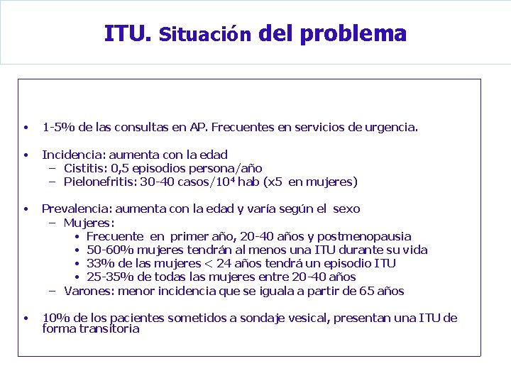 ITU. Situación del problema • 1 -5% de las consultas en AP. Frecuentes en