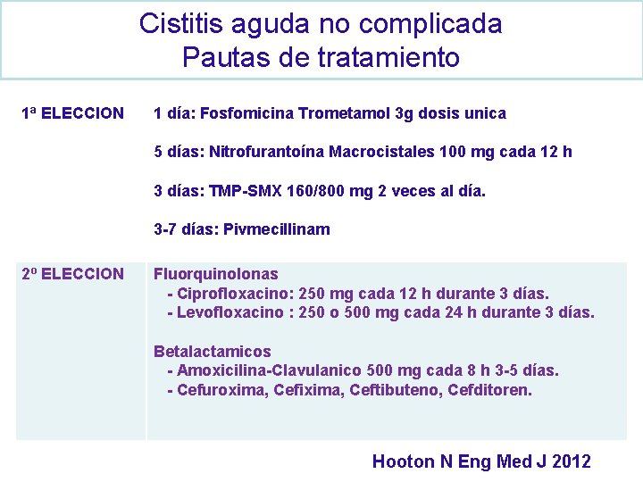 Cistitis aguda no complicada Pautas de tratamiento 1ª ELECCION 1 día: Fosfomicina Trometamol 3