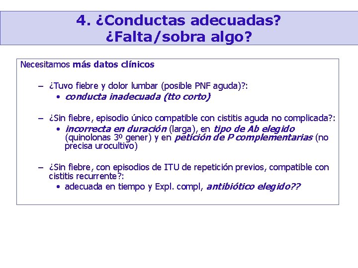 4. ¿Conductas adecuadas? ¿Falta/sobra algo? Necesitamos más datos clínicos – ¿Tuvo fiebre y dolor