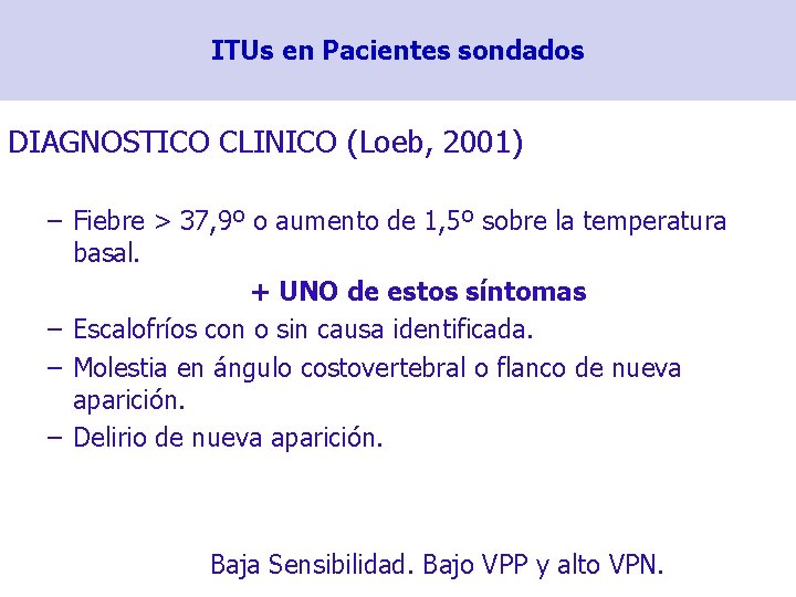 ITUs en Pacientes sondados DIAGNOSTICO CLINICO (Loeb, 2001) – Fiebre > 37, 9º o