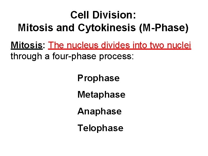 Cell Division: Mitosis and Cytokinesis (M-Phase) Mitosis: The nucleus divides into two nuclei through