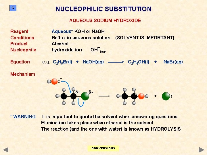G NUCLEOPHILIC SUBSTITUTION AQUEOUS SODIUM HYDROXIDE Reagent Conditions Product Nucleophile Equation Aqueous* KOH or