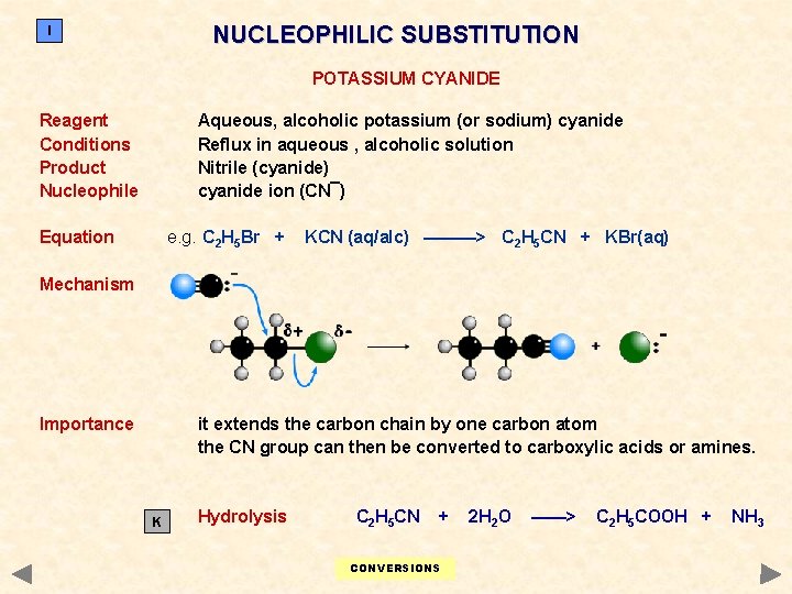 NUCLEOPHILIC SUBSTITUTION I POTASSIUM CYANIDE Reagent Conditions Product Nucleophile Aqueous, alcoholic potassium (or sodium)