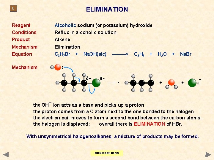 ELIMINATION L Reagent Alcoholic sodium (or potassium) hydroxide Conditions Reflux in alcoholic solution Product