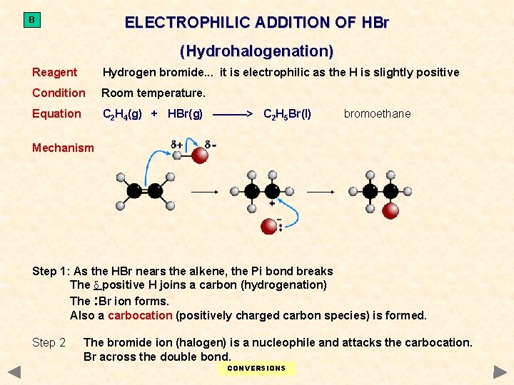 ELECTROPHILIC ADDITION OF HBr B (Hydrohalogenation) Reagent Hydrogen bromide. . . it is electrophilic