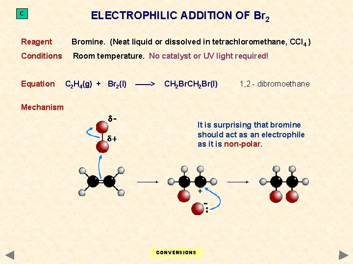 C ELECTROPHILIC ADDITION OF Br 2 Reagent Bromine. (Neat liquid or dissolved in tetrachloromethane,