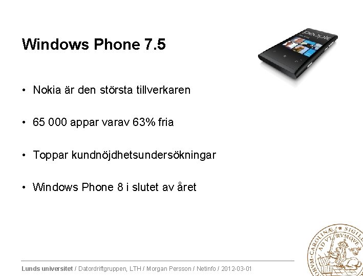 Windows Phone 7. 5 • Nokia är den största tillverkaren • 65 000 appar