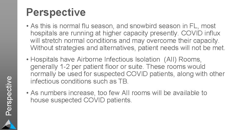 Perspective • As this is normal flu season, and snowbird season in FL, most