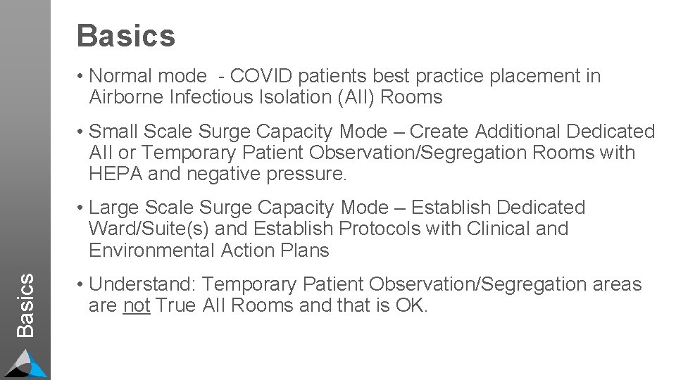 Basics • Normal mode - COVID patients best practice placement in Airborne Infectious Isolation