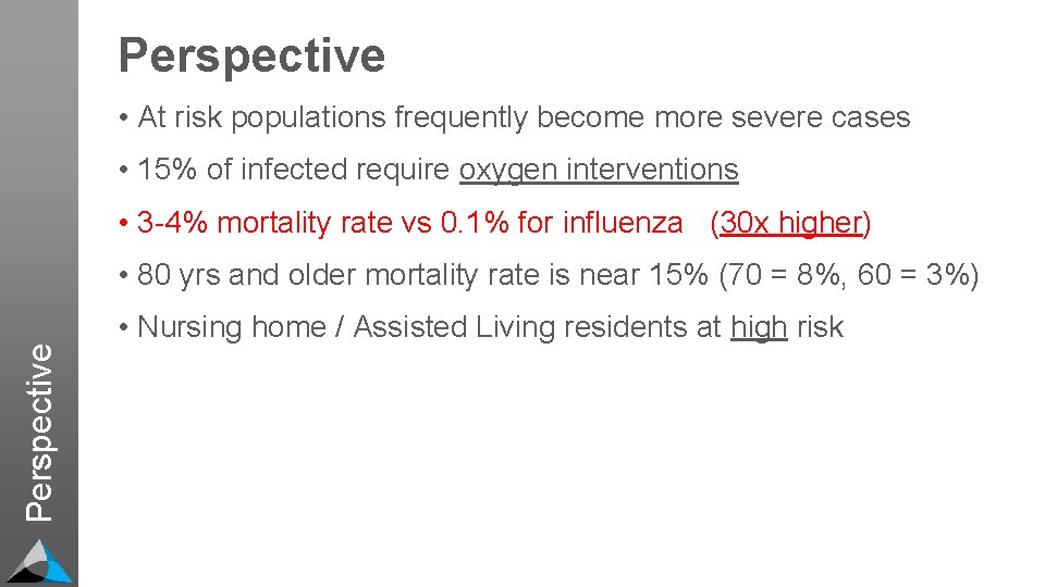 Perspective • At risk populations frequently become more severe cases • 15% of infected