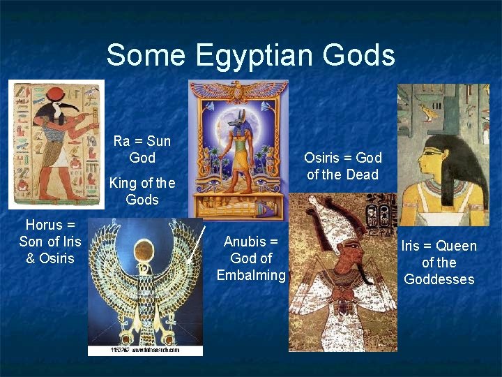 Some Egyptian Gods Ra = Sun God Osiris = God of the Dead King