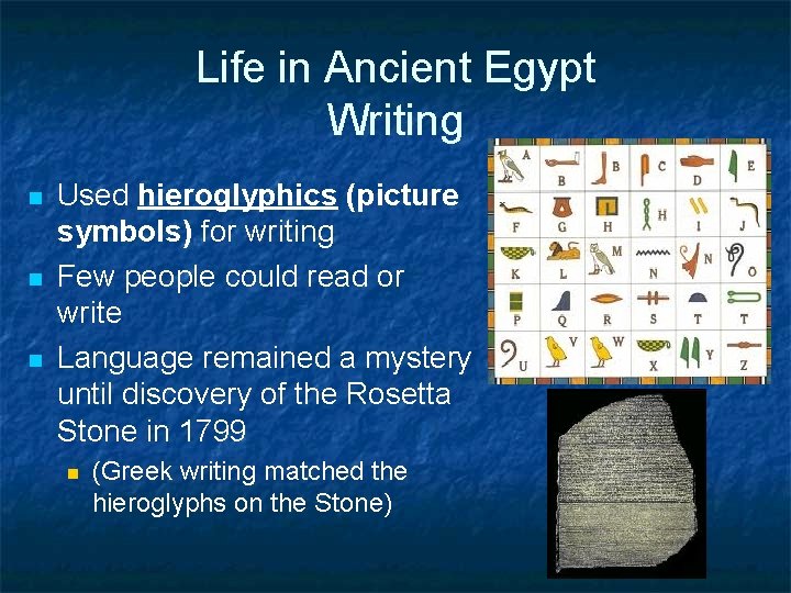 Life in Ancient Egypt Writing n n n Used hieroglyphics (picture symbols) for writing