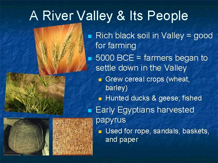 A River Valley & Its People n n Rich black soil in Valley =