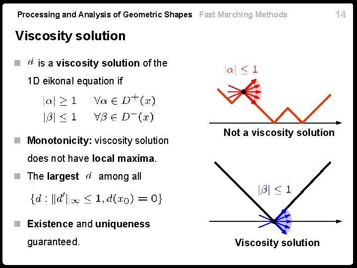 Processing and Analysis of Geometric Shapes Fast Marching Methods 14 Viscosity solution n is