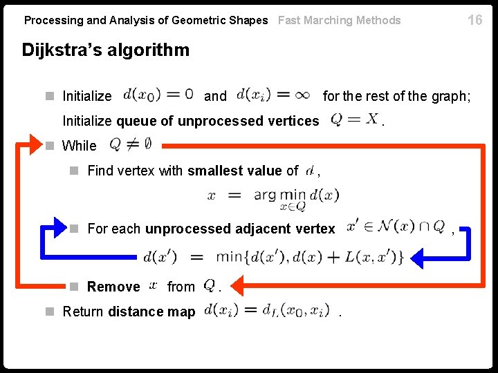 16 Processing and Analysis of Geometric Shapes Fast Marching Methods Dijkstra’s algorithm n Initialize