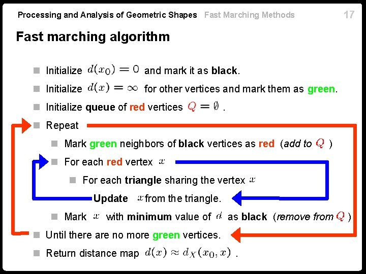 17 Processing and Analysis of Geometric Shapes Fast Marching Methods Fast marching algorithm n