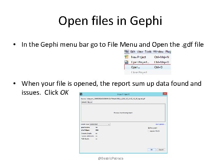 Open files in Gephi • In the Gephi menu bar go to File Menu