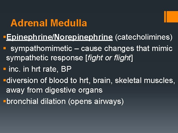 Adrenal Medulla §Epinephrine/Norepinephrine (catecholimines) § sympathomimetic – cause changes that mimic sympathetic response [fight