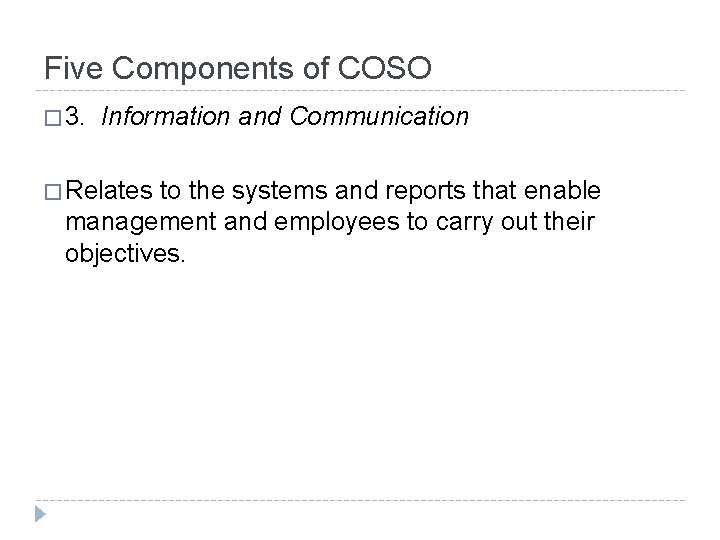 Five Components of COSO � 3. Information and Communication � Relates to the systems