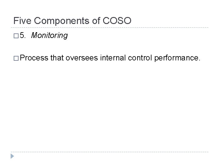 Five Components of COSO � 5. Monitoring � Process that oversees internal control performance.