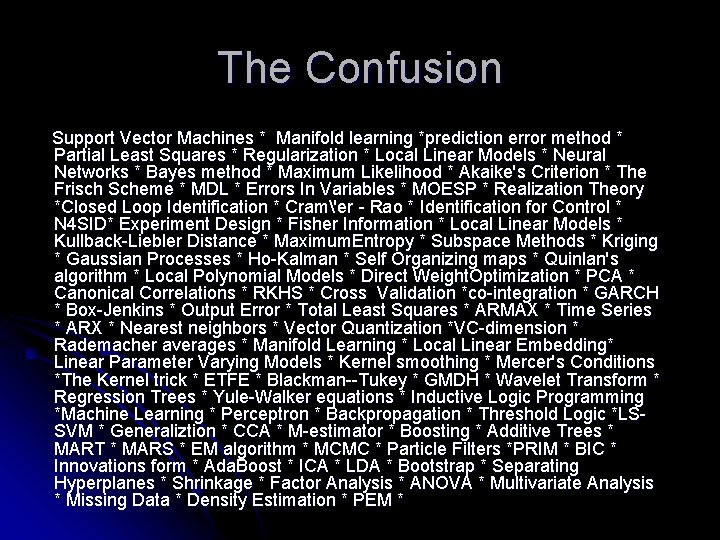 The Confusion Support Vector Machines * Manifold learning *prediction error method * Partial Least