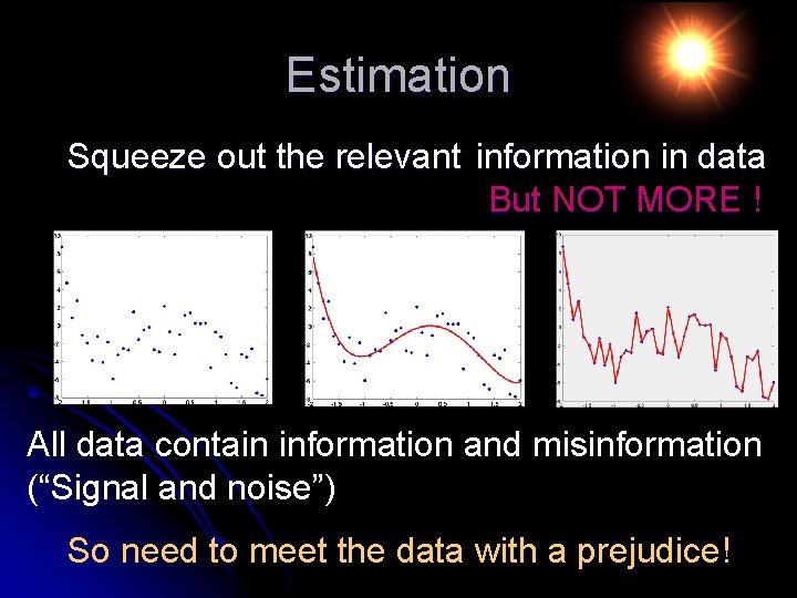Estimation Squeeze out the relevant information in data But NOT MORE ! All data