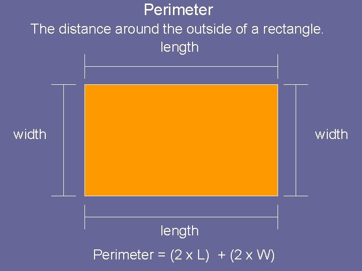Perimeter The distance around the outside of a rectangle. length width length Perimeter =