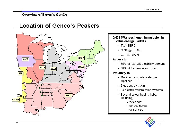 CONFIDENTIAL Overview of Enron’s Gen. Co Location of Genco’s Peakers NPCC MAPP Manhattan (656)