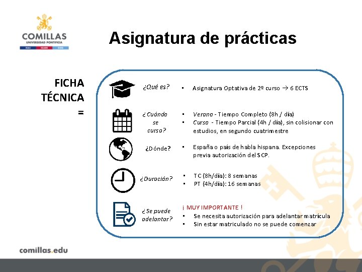 Asignatura de prácticas FICHA TÉCNICA = ¿Qué es? • Asignatura Optativa de 2º curso