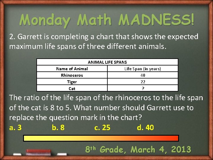Monday Math MADNESS! 2. Garrett is completing a chart that shows the expected maximum