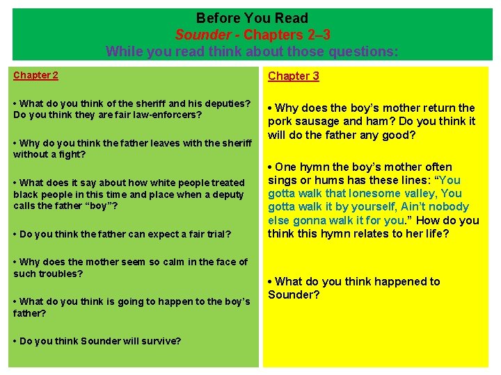 Before You Read Sounder - Chapters 2– 3 While you read think about those