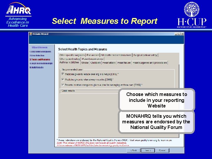 Advancing Excellence in Health Care Select Measures to Report Choose which measures to include