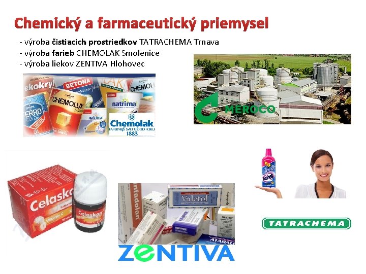 Chemický a farmaceutický priemysel - výroba čistiacich prostriedkov TATRACHEMA Trnava - výroba farieb CHEMOLAK