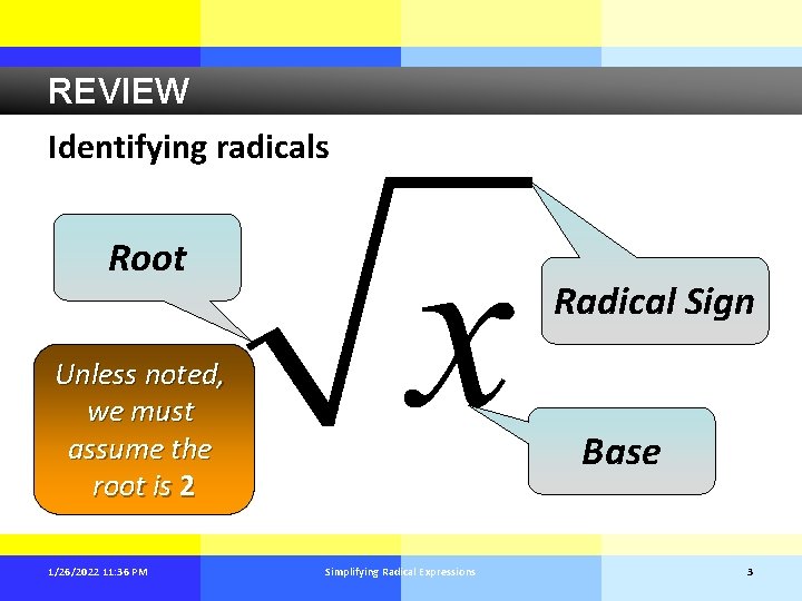 REVIEW Identifying radicals Root Radical Sign Unless noted, we must assume the root is