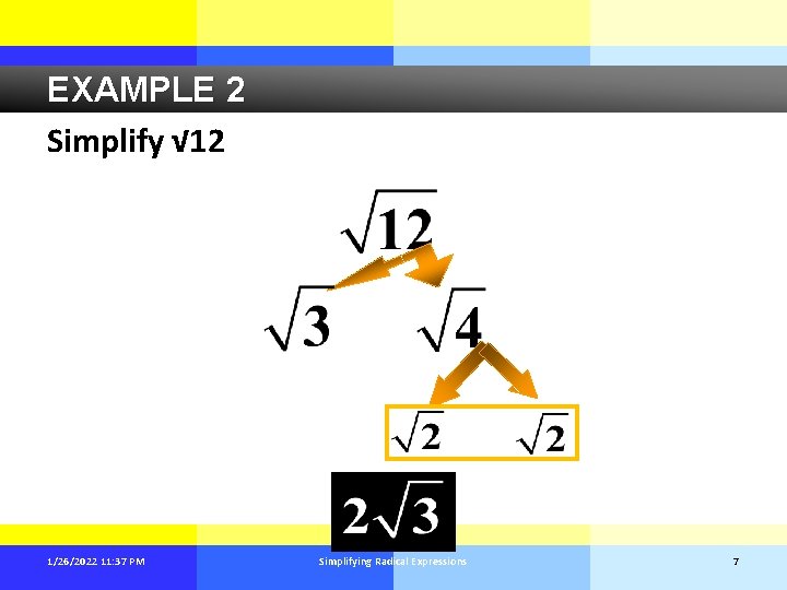 EXAMPLE 2 Simplify √ 12 1/26/2022 11: 37 PM Simplifying Radical Expressions 7 