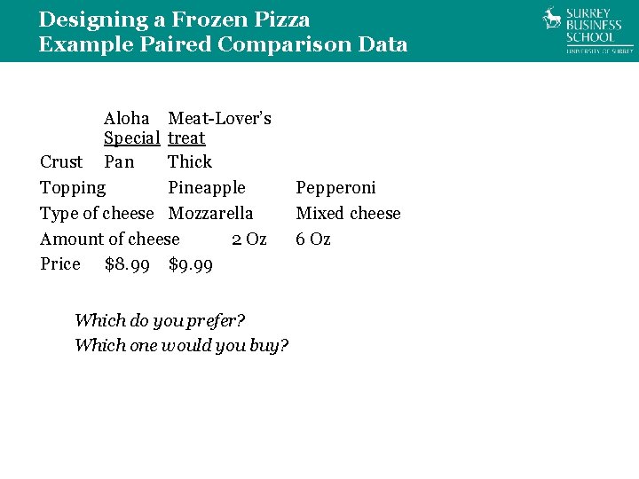 Designing a Frozen Pizza Example Paired Comparison Data Aloha Meat-Lover’s Special treat Crust Pan