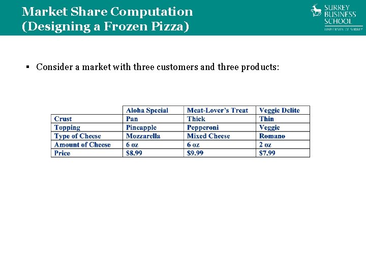 Market Share Computation (Designing a Frozen Pizza) § Consider a market with three customers