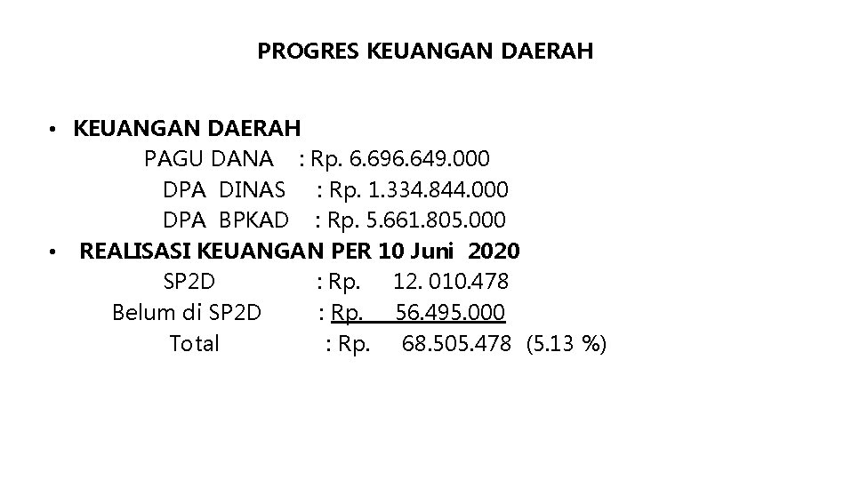 PROGRES KEUANGAN DAERAH • KEUANGAN DAERAH PAGU DANA : Rp. 6. 696. 649. 000