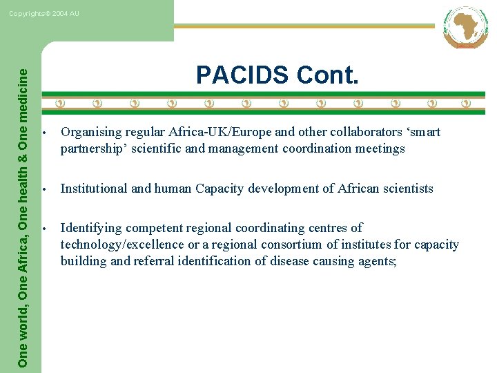 One world, One Africa, One health & One medicine Copyrights© 2004 AU PACIDS Cont.