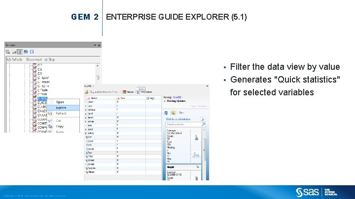 GEM 2 ENTERPRISE GUIDE EXPLORER (5. 1) Filter the data view by value •